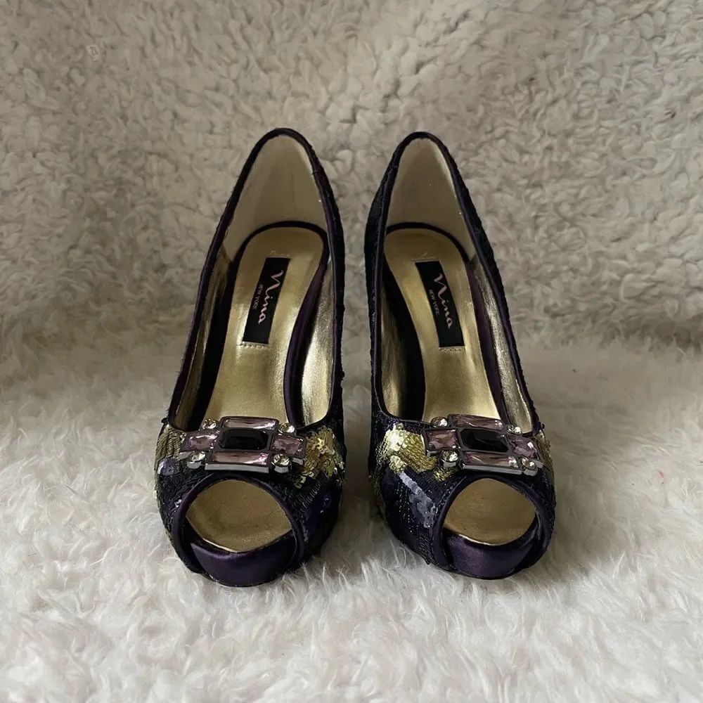 Nina shades of purple ,silver and gold sequins platform heels brooch acc…